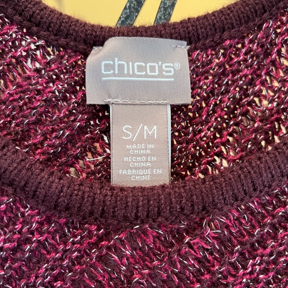 Chico’s Metallic Knit Triangle Poncho In Poppin Wine Berry - Picture 9 of 11